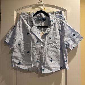 100% Cotton Tommy Bahama Light Blue Striped Palm-Print Pajama Top